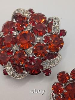 Rare Vintage 1950s Eisenberg Brooch And Clip Earring Set Red Stones, Ornate