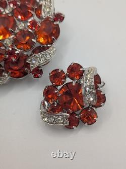 Rare Vintage 1950s Eisenberg Brooch And Clip Earring Set Red Stones, Ornate