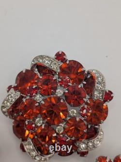 Rare Vintage 1950s Eisenberg Brooch And Clip Earring Set Red Stones, Ornate