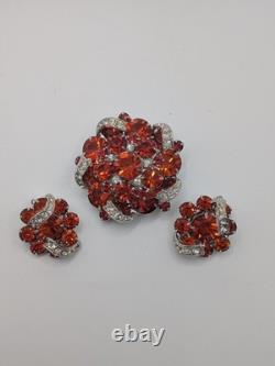 Rare Vintage 1950s Eisenberg Brooch And Clip Earring Set Red Stones, Ornate