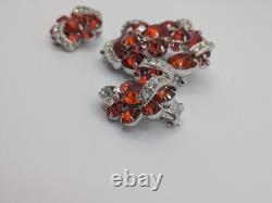 Rare Vintage 1950s Eisenberg Brooch And Clip Earring Set Red Stones, Ornate