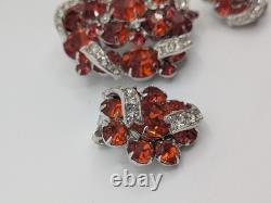 Rare Vintage 1950s Eisenberg Brooch And Clip Earring Set Red Stones, Ornate