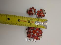 Rare Vintage 1950s Eisenberg Brooch And Clip Earring Set Red Stones, Ornate