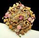 Rare Vintage 2-1/2 Signed Miriam Haskell Goldtone Pink Glass Brooch Pin A46