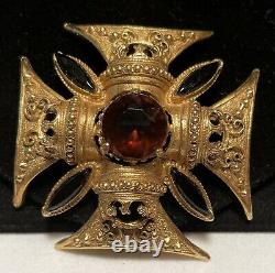 Rare Vintage 2-1/4 Signed Florenza Gilt Maltese Cross Amber R/S Brooch Pendant