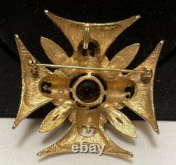 Rare Vintage 2-1/4 Signed Florenza Gilt Maltese Cross Amber R/S Brooch Pendant