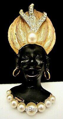 Rare Vintage 2-3/4 Signed HAR Blackamoor African Princess Face Genie Brooch A71
