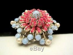 Rare Vintage 2 Signed Miriam Haskell Blue Pink Glass Rhinestone Brooch Pin A23