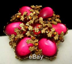 Rare Vintage 2 Signed Miriam Haskell Goldtone Ornate Ruby Red Glass Brooch A12