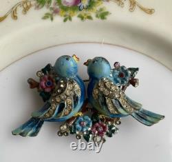 Rare Vintage 40s Coro Duette Enamel Love Birds Fur Clips Rhinestone Pin Brooch