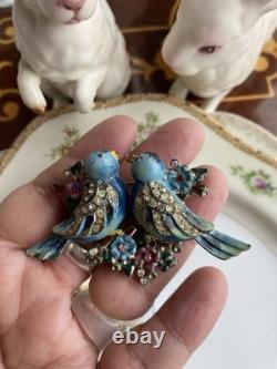 Rare Vintage 40s Coro Duette Enamel Love Birds Fur Clips Rhinestone Pin Brooch