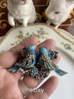 Rare Vintage 40s Coro Duette Enamel Love Birds Fur Clips Rhinestone Pin Brooch