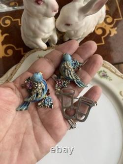 Rare Vintage 40s Coro Duette Enamel Love Birds Fur Clips Rhinestone Pin Brooch