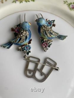 Rare Vintage 40s Coro Duette Enamel Love Birds Fur Clips Rhinestone Pin Brooch