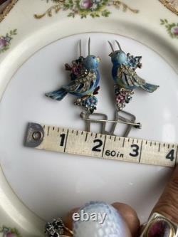 Rare Vintage 40s Coro Duette Enamel Love Birds Fur Clips Rhinestone Pin Brooch