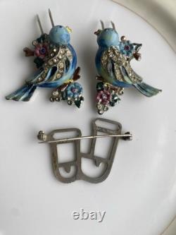 Rare Vintage 40s Coro Duette Enamel Love Birds Fur Clips Rhinestone Pin Brooch