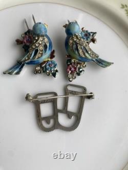 Rare Vintage 40s Coro Duette Enamel Love Birds Fur Clips Rhinestone Pin Brooch