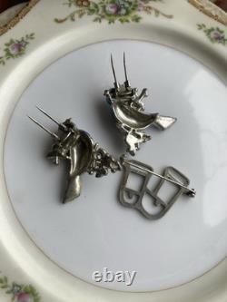 Rare Vintage 40s Coro Duette Enamel Love Birds Fur Clips Rhinestone Pin Brooch