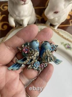 Rare Vintage 40s Coro Duette Enamel Love Birds Fur Clips Rhinestone Pin Brooch
