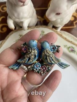 Rare Vintage 40s Coro Duette Enamel Love Birds Fur Clips Rhinestone Pin Brooch