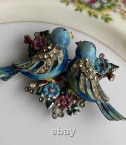 Rare Vintage 40s Coro Duette Enamel Love Birds Fur Clips Rhinestone Pin Brooch