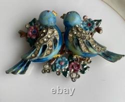Rare Vintage 40s Coro Duette Enamel Love Birds Fur Clips Rhinestone Pin Brooch