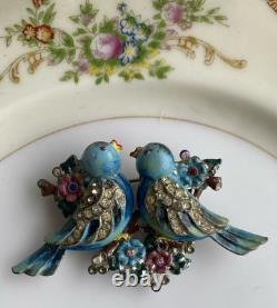 Rare Vintage 40s Coro Duette Enamel Love Birds Fur Clips Rhinestone Pin Brooch