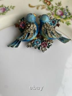 Rare Vintage 40s Coro Duette Enamel Love Birds Fur Clips Rhinestone Pin Brooch