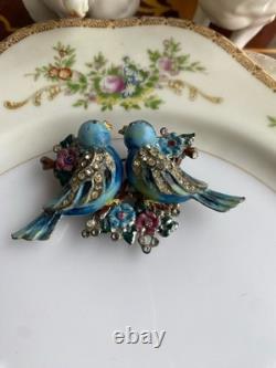 Rare Vintage 40s Coro Duette Enamel Love Birds Fur Clips Rhinestone Pin Brooch