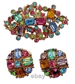 Rare Vintage Claudette Signed Pastel Crystal Rhinestone Brooch Earrings Set