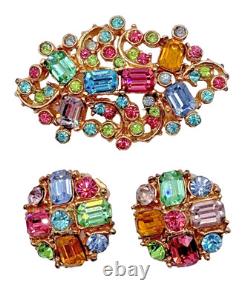 Rare Vintage Claudette Signed Pastel Crystal Rhinestone Brooch Earrings Set