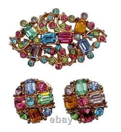 Rare Vintage Claudette Signed Pastel Crystal Rhinestone Brooch Earrings Set