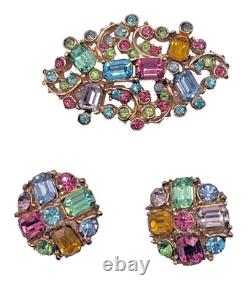Rare Vintage Claudette Signed Pastel Crystal Rhinestone Brooch Earrings Set