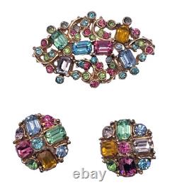 Rare Vintage Claudette Signed Pastel Crystal Rhinestone Brooch Earrings Set