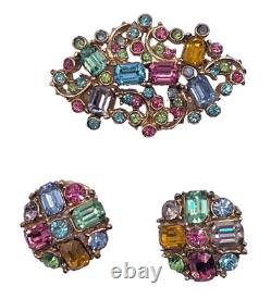 Rare Vintage Claudette Signed Pastel Crystal Rhinestone Brooch Earrings Set