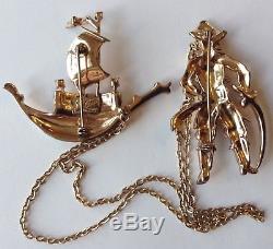 Rare Vintage Corocraft Signed Sterling Silver Pirate And Ship Chatelaine Brooch