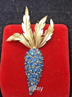 Rare Vintage Designer Signed Crown Trafari Pin Brooch Blue Sapphire Rhinestone