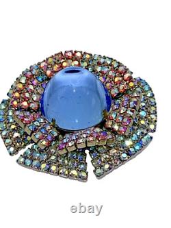 Rare Vintage Domed Blue Moonstone Cabochon Double Ruffle Rhinestone Brooch Pin