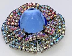 Rare Vintage Domed Blue Moonstone Cabochon Double Ruffle Rhinestone Brooch Pin