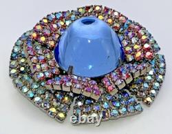 Rare Vintage Domed Blue Moonstone Cabochon Double Ruffle Rhinestone Brooch Pin