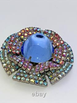 Rare Vintage Domed Blue Moonstone Cabochon Double Ruffle Rhinestone Brooch Pin