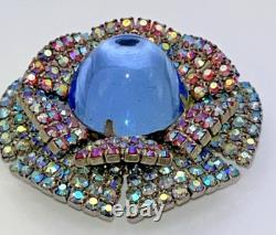 Rare Vintage Domed Blue Moonstone Cabochon Double Ruffle Rhinestone Brooch Pin