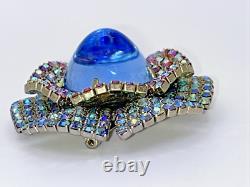 Rare Vintage Domed Blue Moonstone Cabochon Double Ruffle Rhinestone Brooch Pin