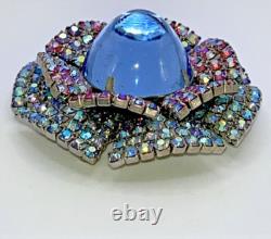 Rare Vintage Domed Blue Moonstone Cabochon Double Ruffle Rhinestone Brooch Pin