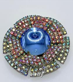 Rare Vintage Domed Blue Moonstone Cabochon Double Ruffle Rhinestone Brooch Pin