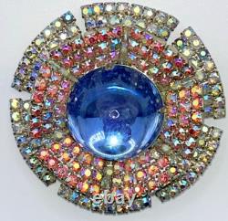 Rare Vintage Domed Blue Moonstone Cabochon Double Ruffle Rhinestone Brooch Pin