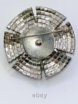 Rare Vintage Domed Blue Moonstone Cabochon Double Ruffle Rhinestone Brooch Pin