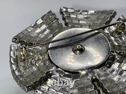 Rare Vintage Domed Blue Moonstone Cabochon Double Ruffle Rhinestone Brooch Pin