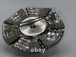 Rare Vintage Domed Blue Moonstone Cabochon Double Ruffle Rhinestone Brooch Pin