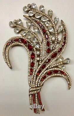 Rare Vintage Early Signed Eisenberg Original Clear And Red Rhinestone Brooch Pin